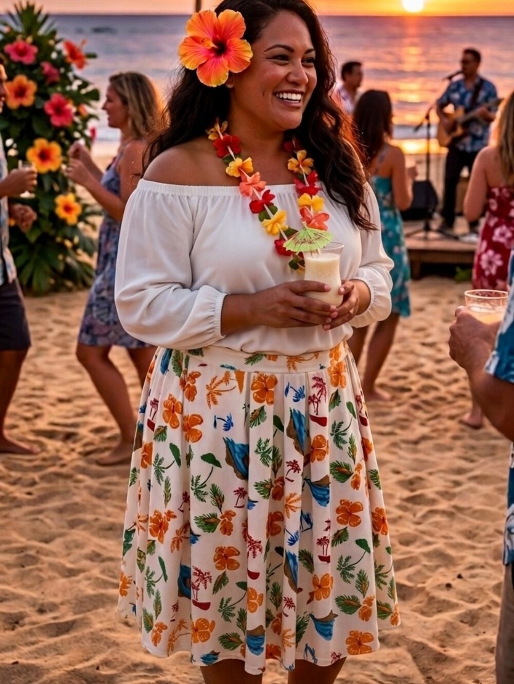 LuLaRoe XL Floral Madison Tropical Hawaiian Hibiscus Cream Pleated Pockets Skirt